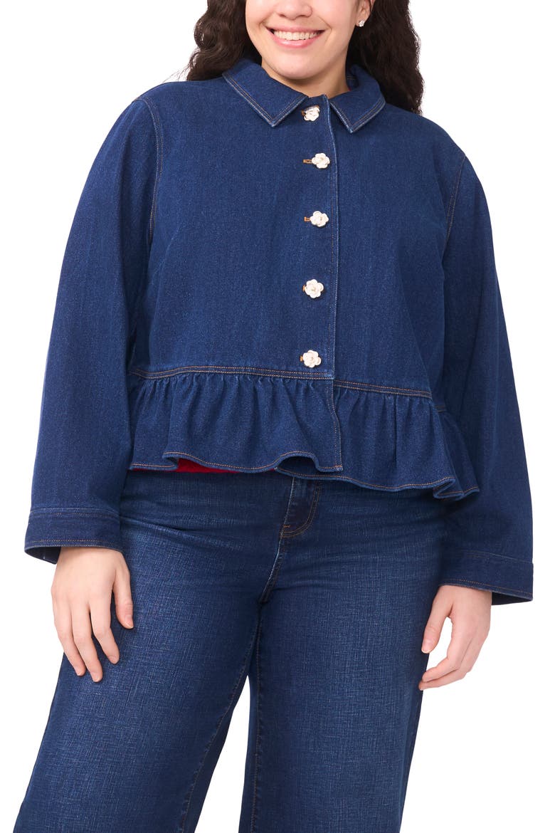 Floral Button Peplum Denim Jacket, Alternate, color, MID INDIGO