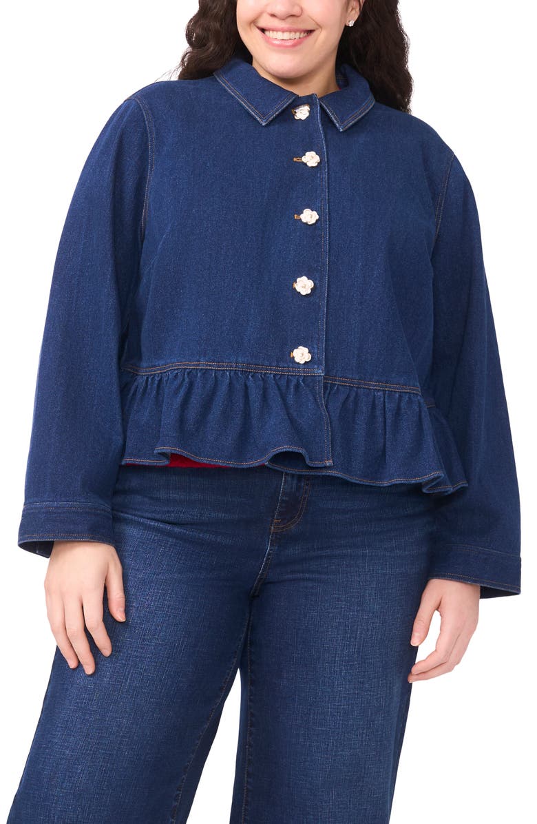 CeCe Floral Button Peplum Denim Jacket, Alternate, color, Mid Indigo