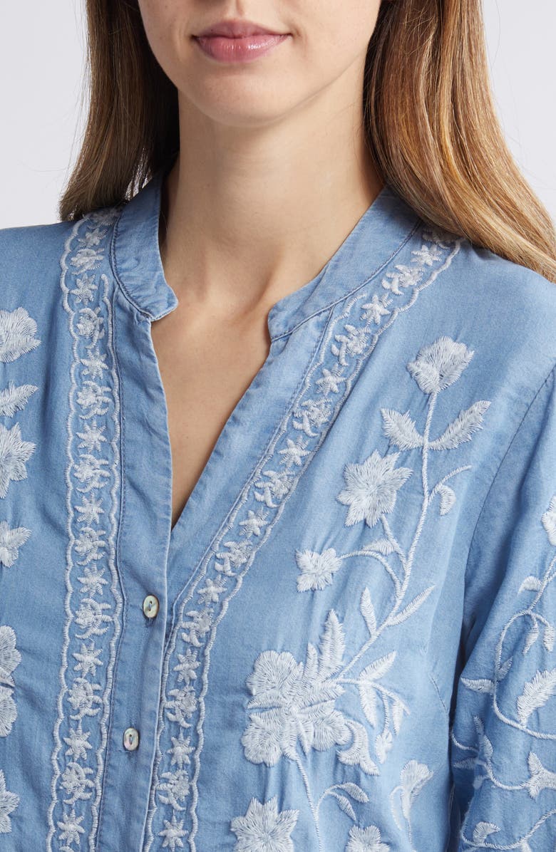 NIKKI LUND Madison Floral Embroidered Chambray Button-Up Shirt, Alternate, color, Blue