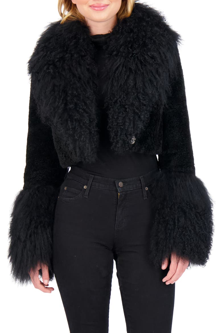 Sheared Genuine Shearling Bolero With Genuine Shearling Collar & Cuffs, Alternate, color, BLACK