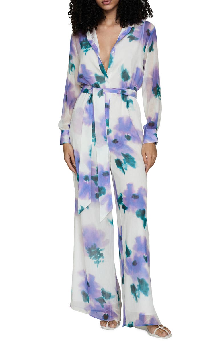 MANGO Floral Long Sleeve Jumpsuit, Main, color, Purple