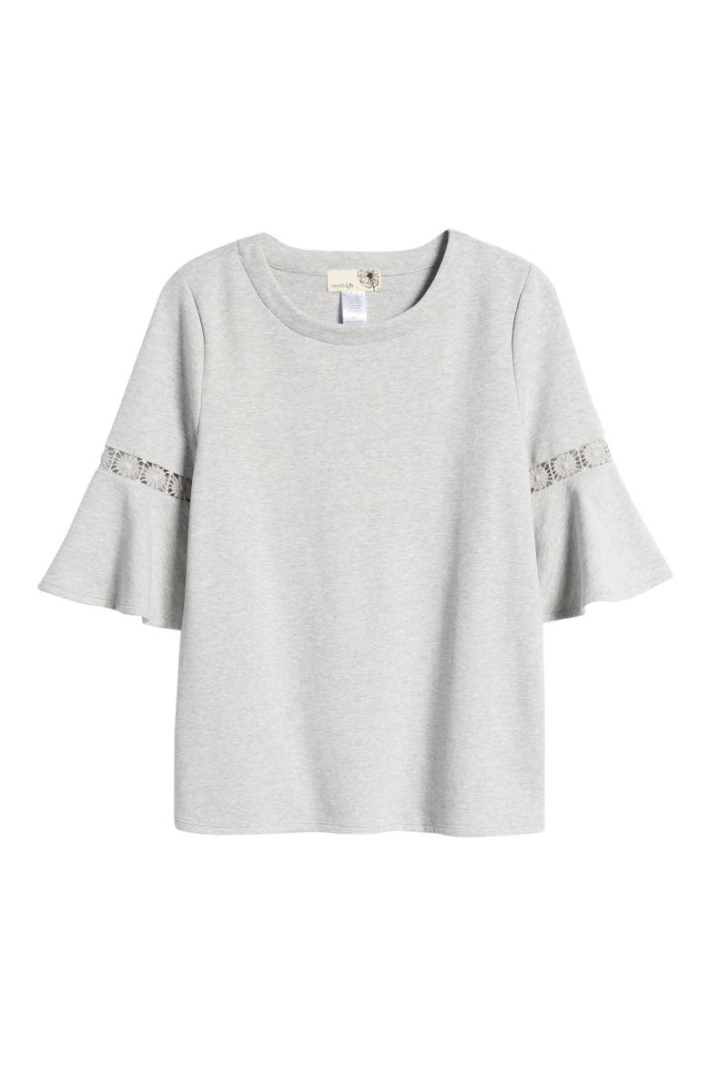 Lace Accent Bell Sleeve Cotton Blend Knit Top, Alternate, color, HEATHER GREY