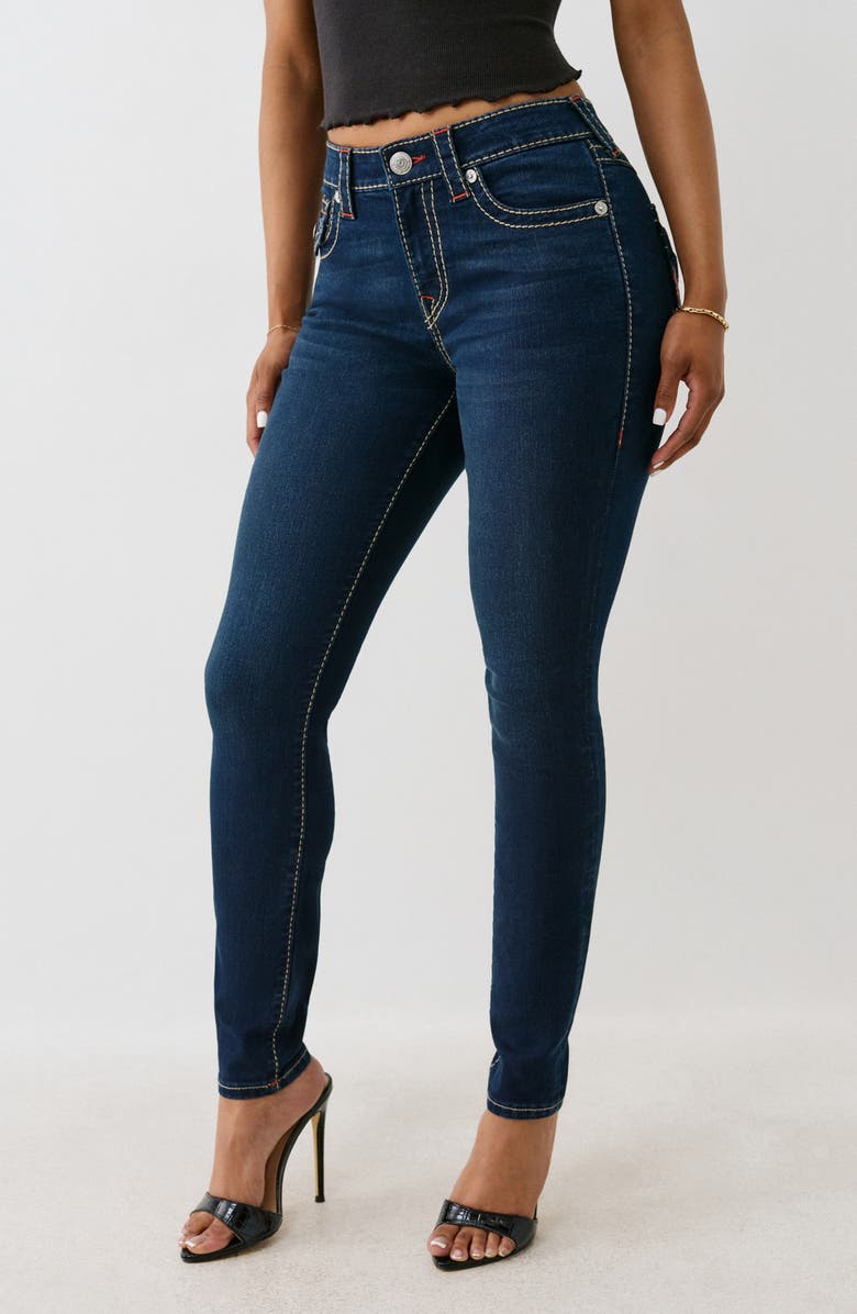 True Religion Jennie Big T Mid Rise Flap Pocket Skinny Jeans, Alternate, color, Dark Sultry Wash