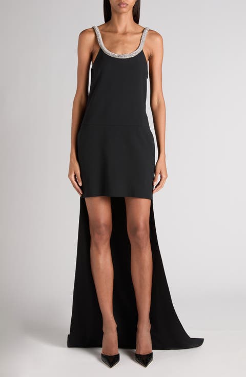 Crystal Embellished Asymmetric Crepe Cocktail Dress
