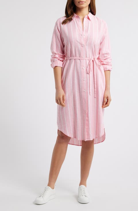 Stripe Long Sleeve Linen Blend Shirtdress