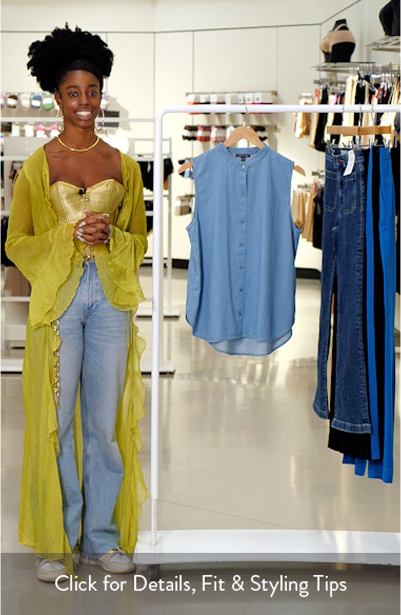 Sleeveless Band Collar Chambray Button-Up Shirt, sales video thumbnail