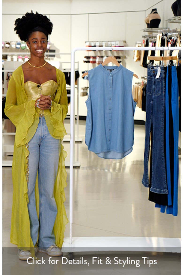 Sleeveless Band Collar Chambray Button-Up Shirt video