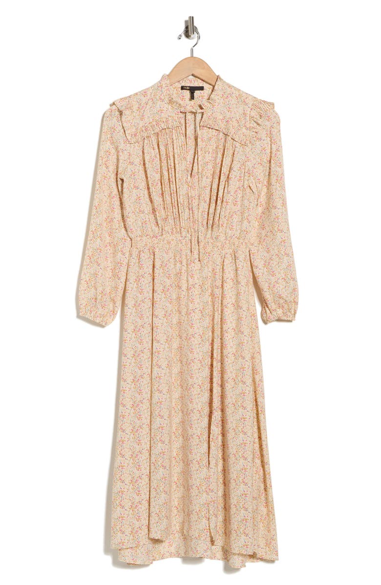 maje Ripletto Long Sleeve Midi Dress, Main, color, Imprime Fleurs Ecru/Fuchsia