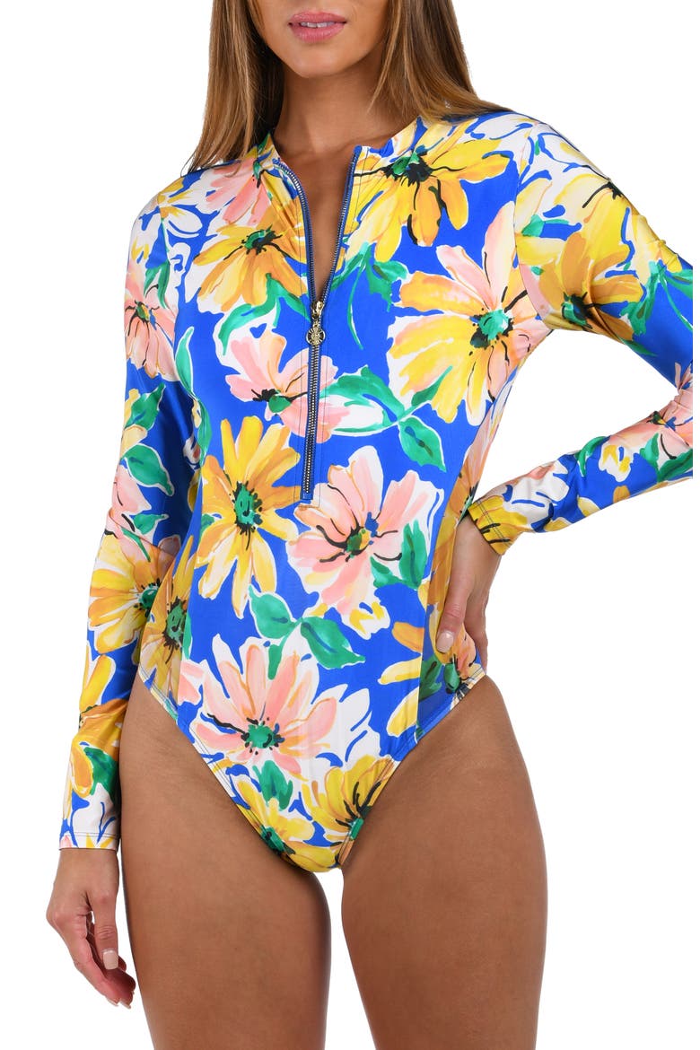 Sunflower Long Sleeve One-Piece Rashguard Swimsuit, Alternate, color, BLUE MULTI