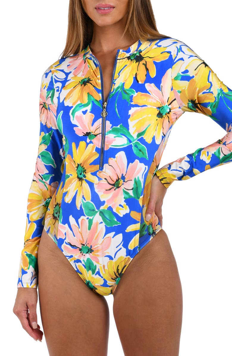 Sunshine 79 Sunflower Long Sleeve One-Piece Rashguard Swimsuit, Alternate, color, Blue Multi
