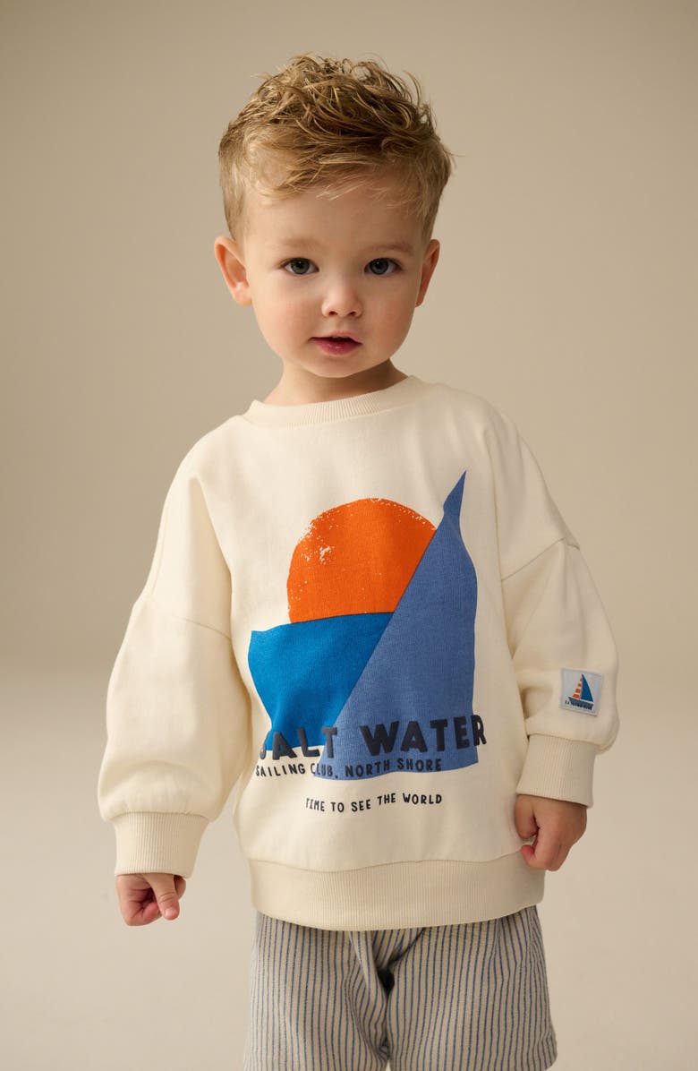NEXT Kids' Sailing Cotton Graphic Sweatshirt & Striped Shorts Set, Alternate, color, Neutral