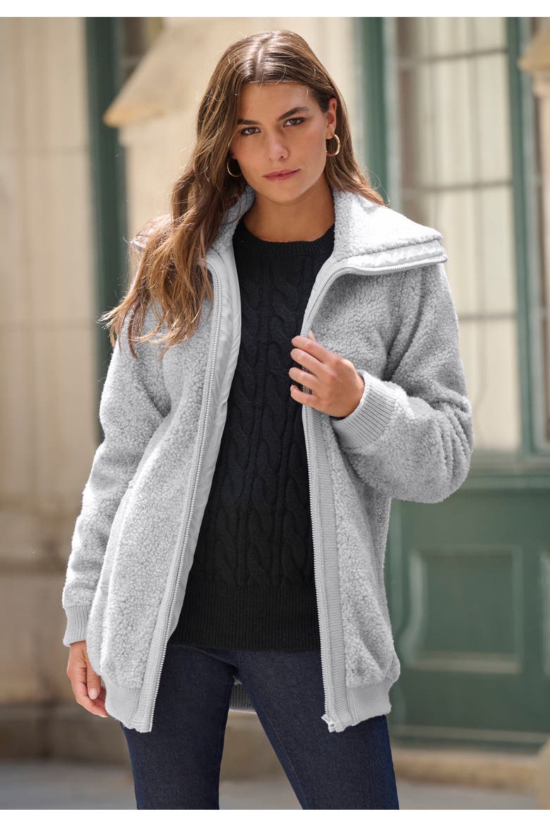 Plus Size High Collar Teddy Fleece Bomber, Alternate, color, HEATHER GREY