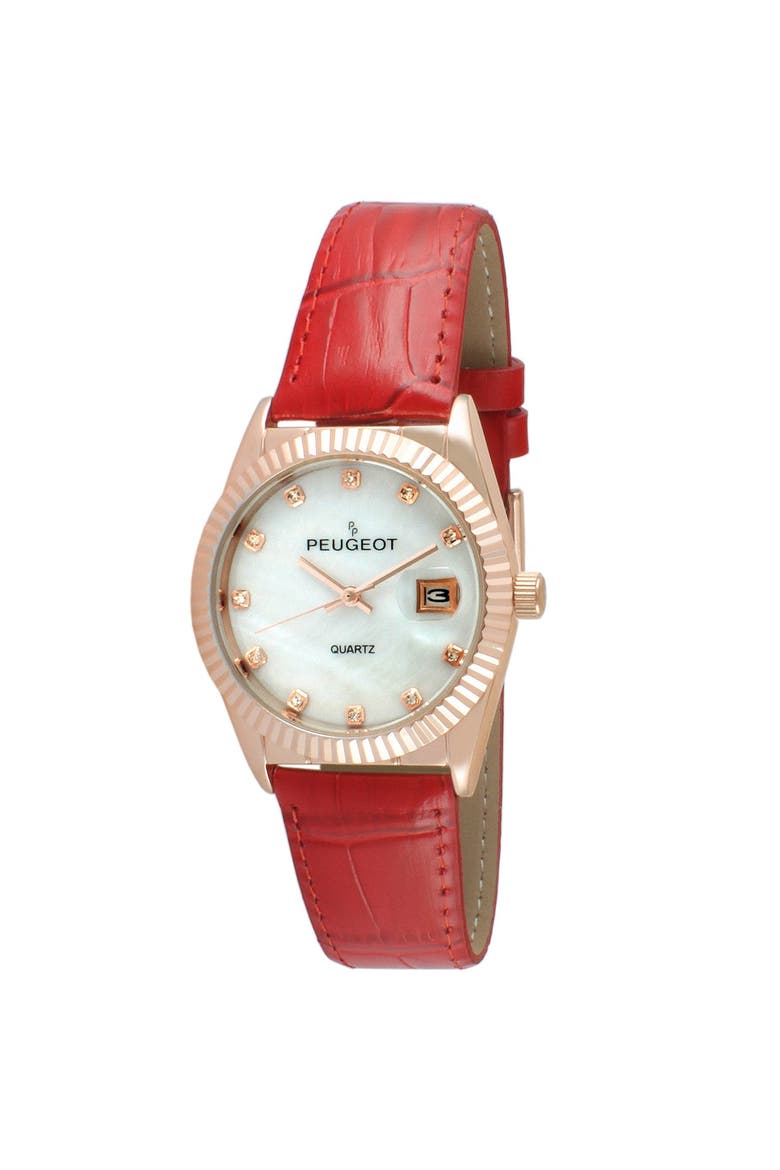 Luxury Fluted Bezel Calendar Leather Watch - 36MM, Main, color, Red