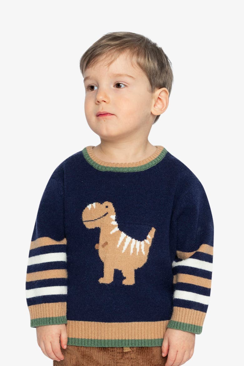 Dino Intarsia Striped Ribbed Cuffs Knit Sweater, Alternate, color, Dark Blue, Brown and Beige