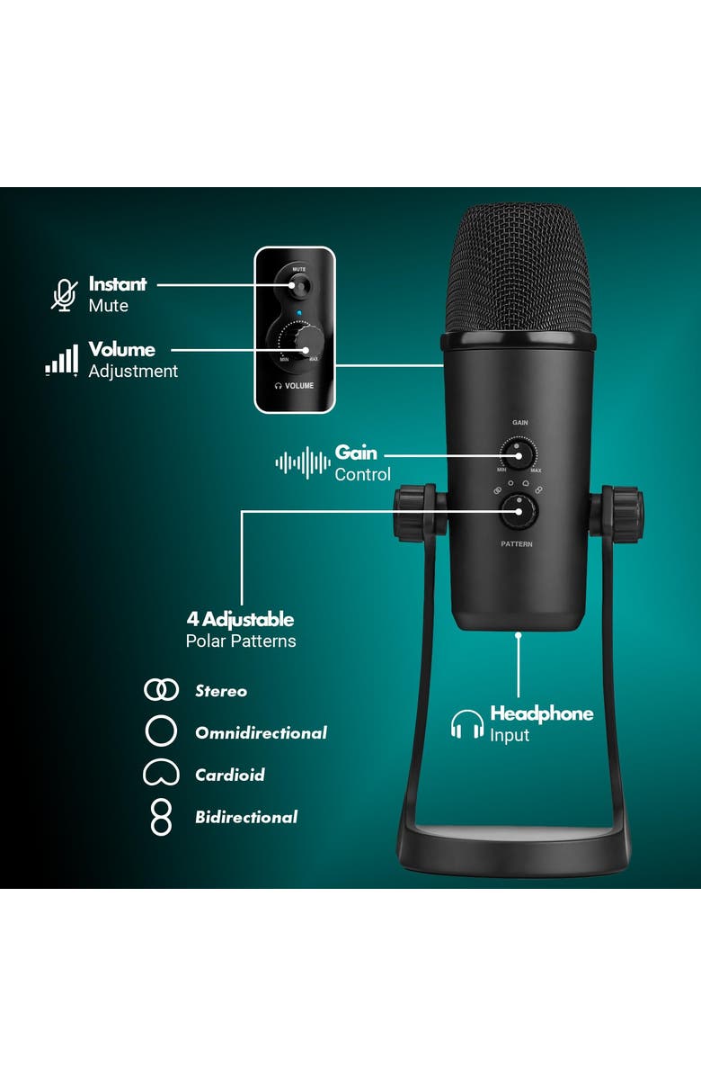MOVO UM700 Desktop Studio USB Microphone with Stereo, Cardioid, Omnidirectional, and Bi-Directional Polar Patterns, Alternate, color, Black