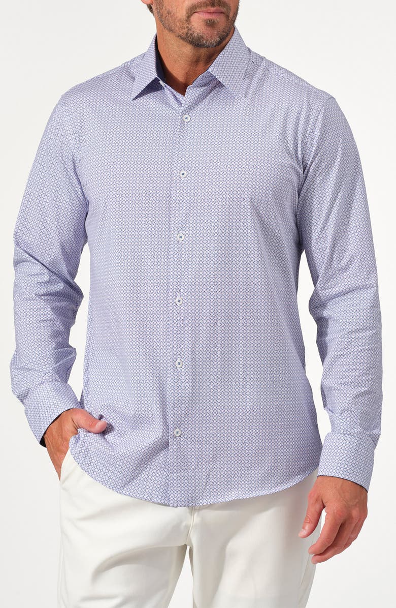 STUDIO GARNET LOS ANGELES Mosaic Print Stretch Supima Cotton Button-Up Shirt, Main, color, Blue/Red