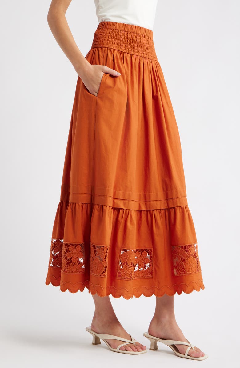 LOVE THE LABEL Nolan Smocked Waist Embroidered Cotton Eyelet Midi Skirt, Alternate, color, Cinnamon