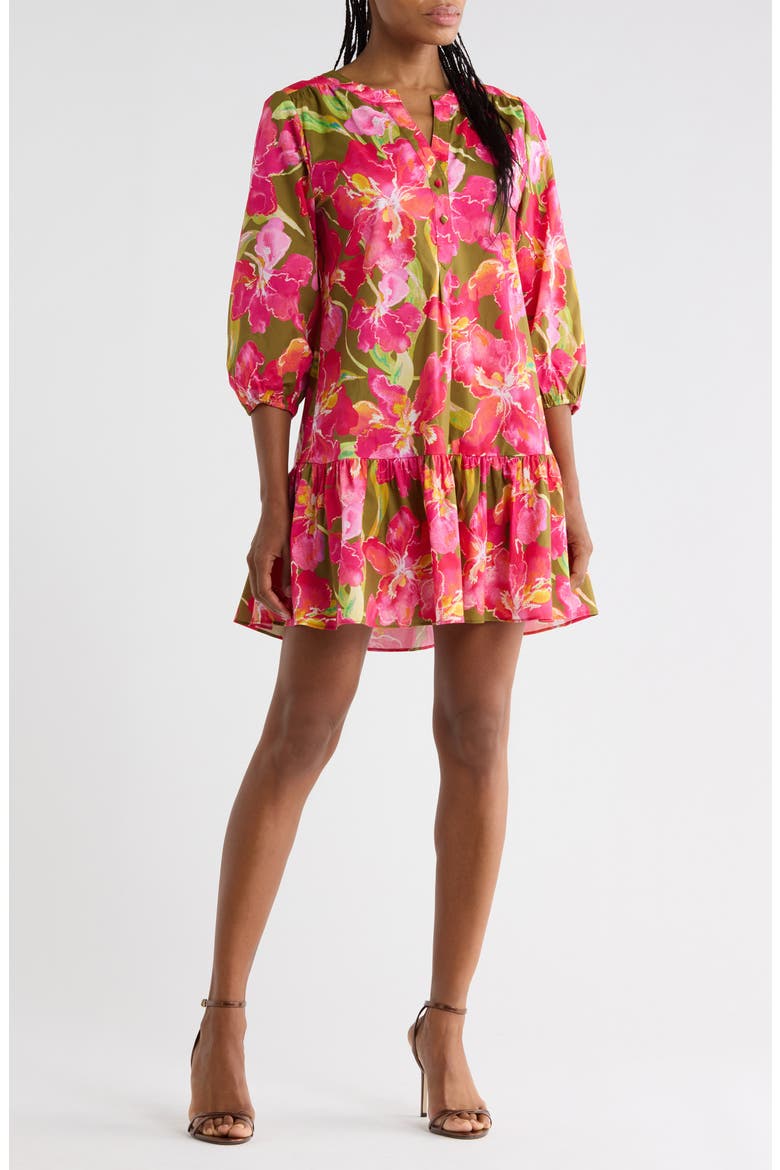 Tamia Long Sleeve Dress, Main, color, OLIVE MULTI WATERCOLOR ORCHIDS