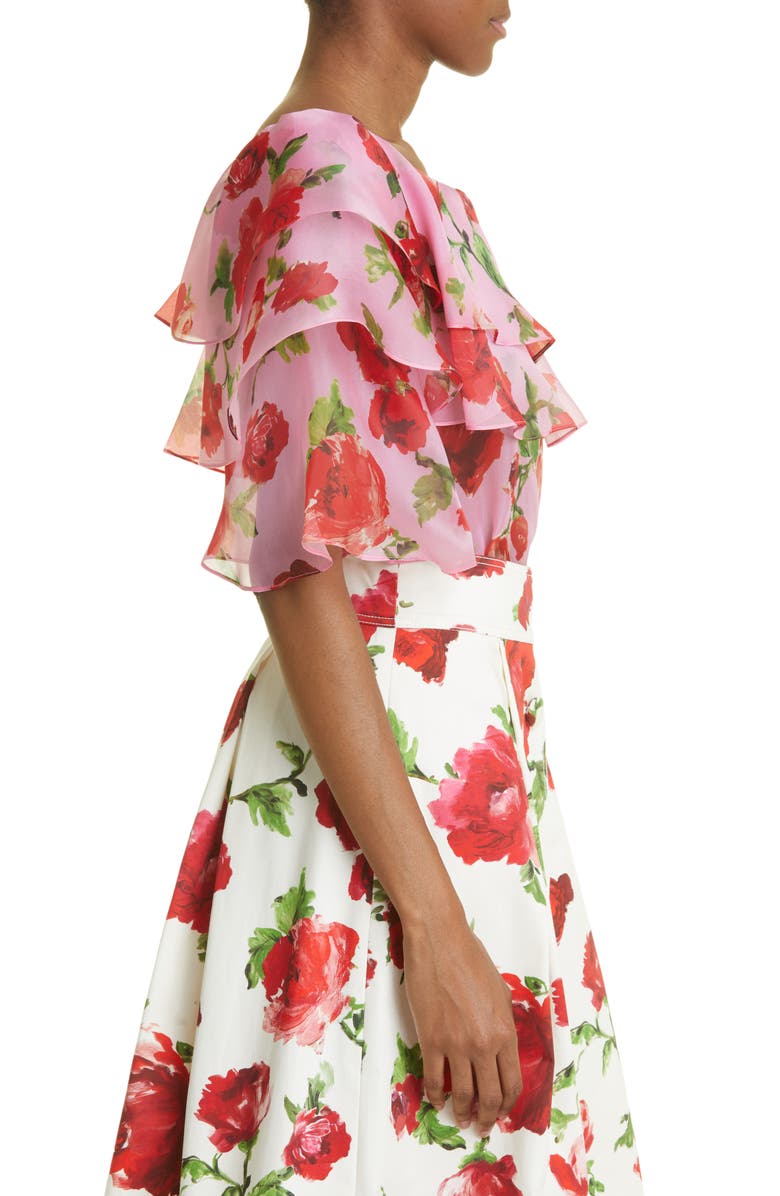Carolina Herrera Rose Print Tiered Ruffle Silk Organza Top, Alternate, color, 