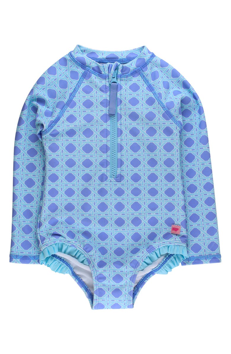RuffleButts Girls UPF50+ Sun Protection Long Sleeve Rash Guard One Piece, Main, color, Periwinkle Blue Coastal Cane