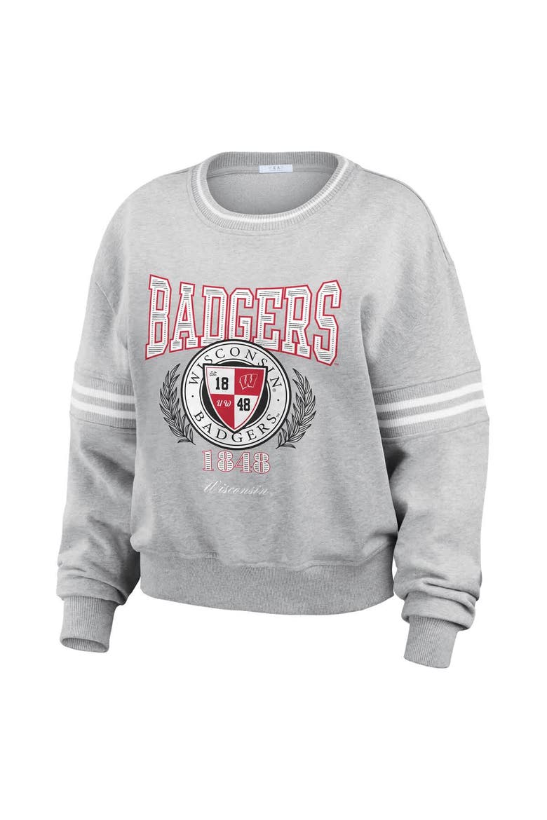 Women's WEAR by Erin Andrews Heather Gray Wisconsin Badgers Classic Stripe Pullover Sweater, Alternate, color, Heather Gray