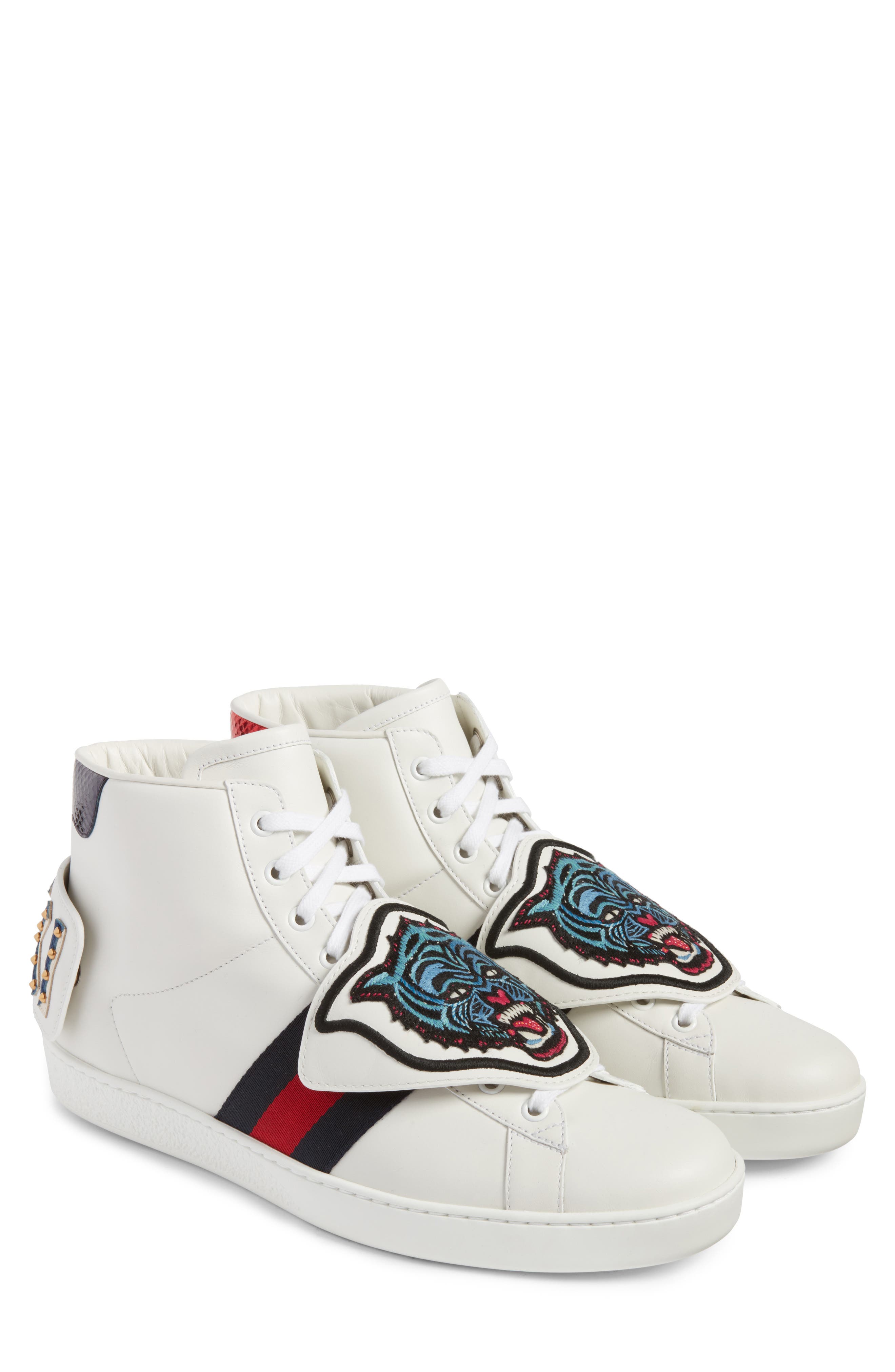 Gucci New Ace Jaguar Embroidered Patch High Top Sneaker, Main, color, 