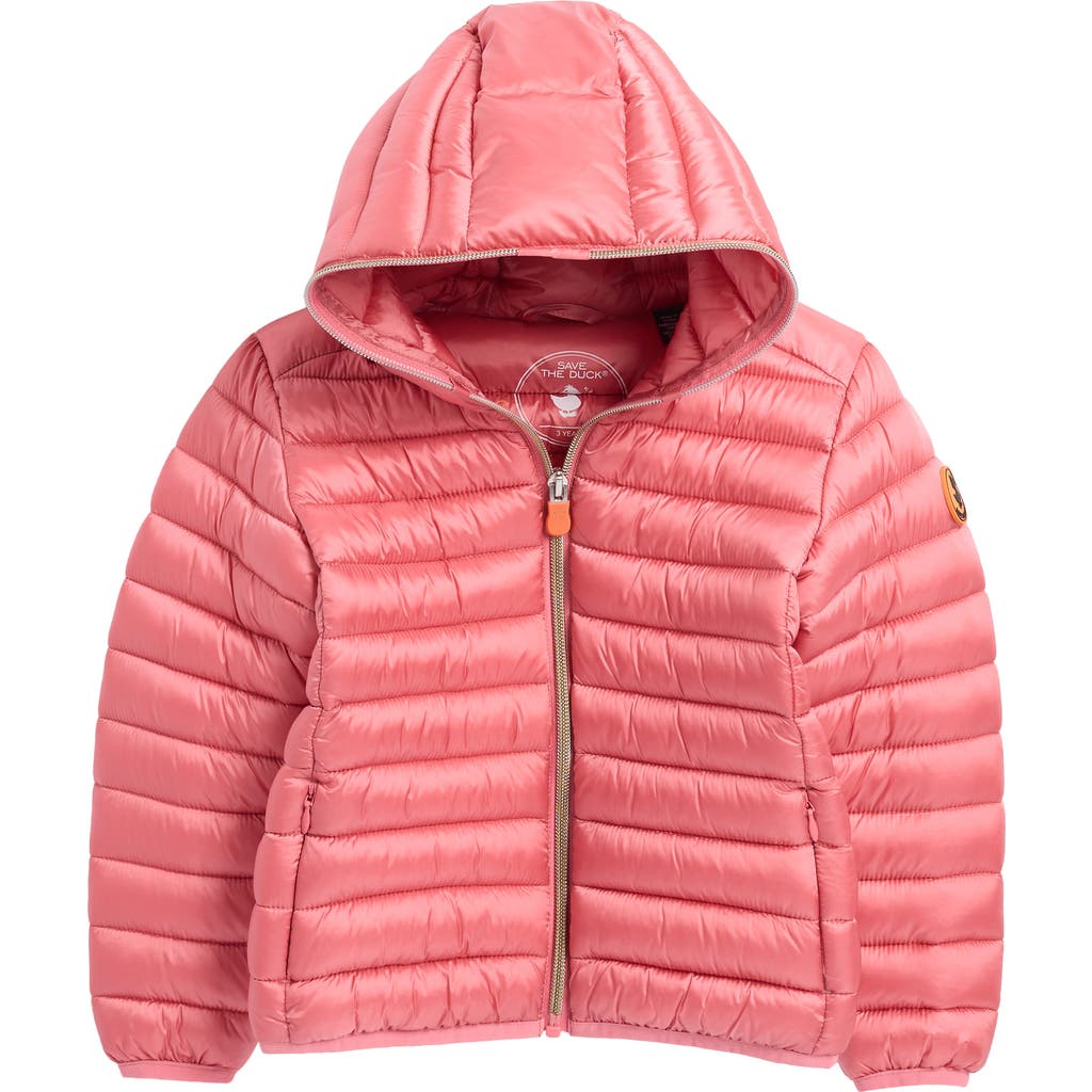 Save The Duck Pink Down Jacket For Girl With Logo In Red