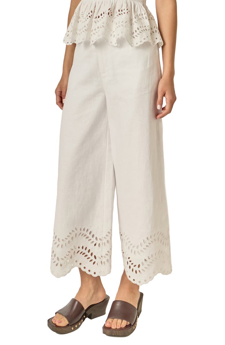 English Factory Eyelet Wide Leg Linen Pants, Alternate, color, Off White