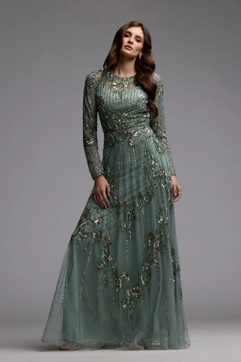Women's Embellished Long Sleeve A-Line Gown, Alternate, color, Sage