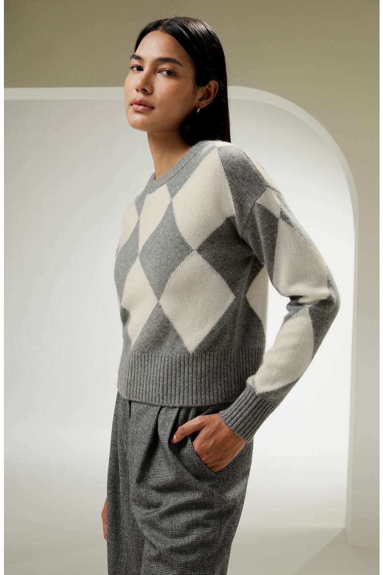 Women's Round Neck Diamond Pattern Cashmere Sweater, Alternate, color, Grey