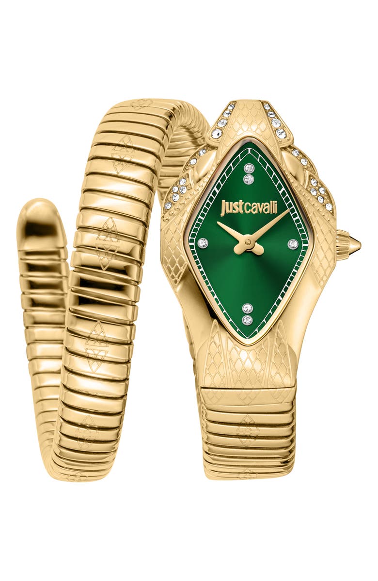 Just Cavalli Snake Wraparound Bracelet Watch, 22mm x 36mm, Main, color, Gold/Green