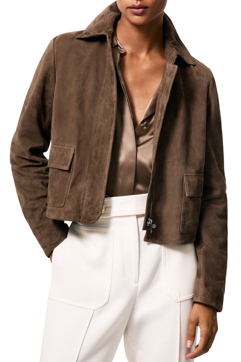 Drew Crop Suede Jacket, Main, color, TAUPE NEUTRAL