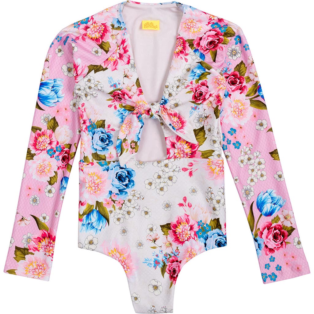Agua Bendita Kids' Cindy Meraki Long Sleeve One-piece Rashguard Swimsuit In Pink