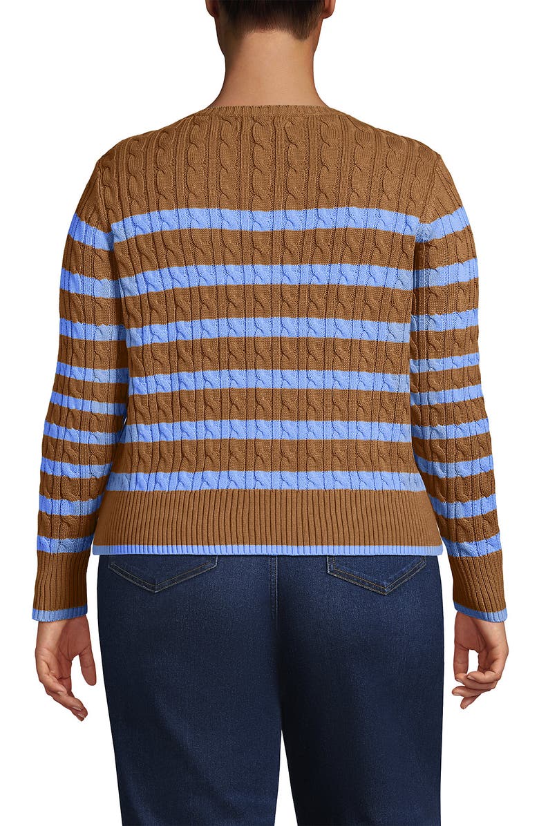 Lands' End Drifter Modern Cable Crew Sweater, Alternate, color, Canyon Camel/Blue Stripe