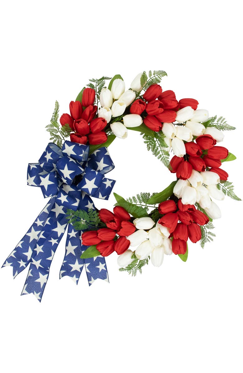 Northlight Tulip Patriotic Wreath with Star Bow - 24", Main, color, Red