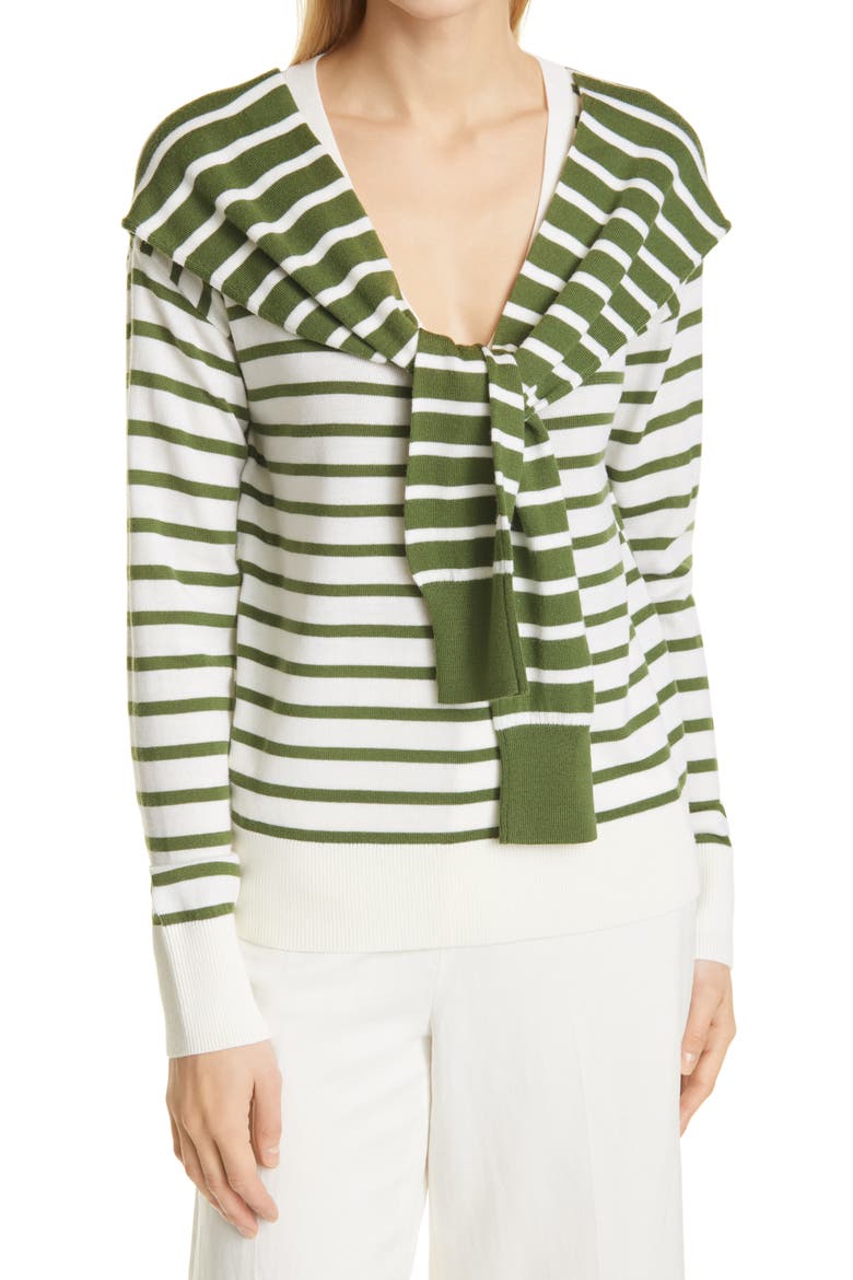 Leni Stripe Tie Neck Merino Wool Sweater, Main, color, ARMY MULTI