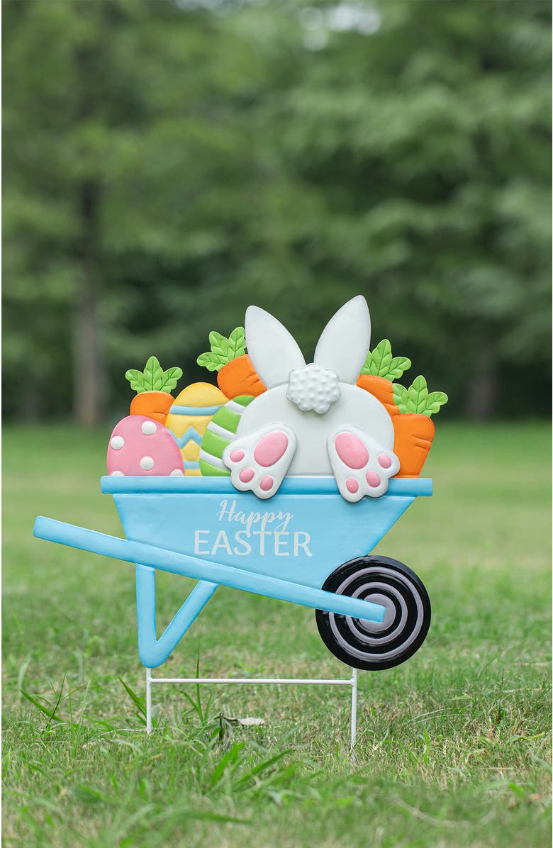 Glitzhome 24"H Easter Metal Wheel Barrow Yard Stake, Alternate, color, Blue
