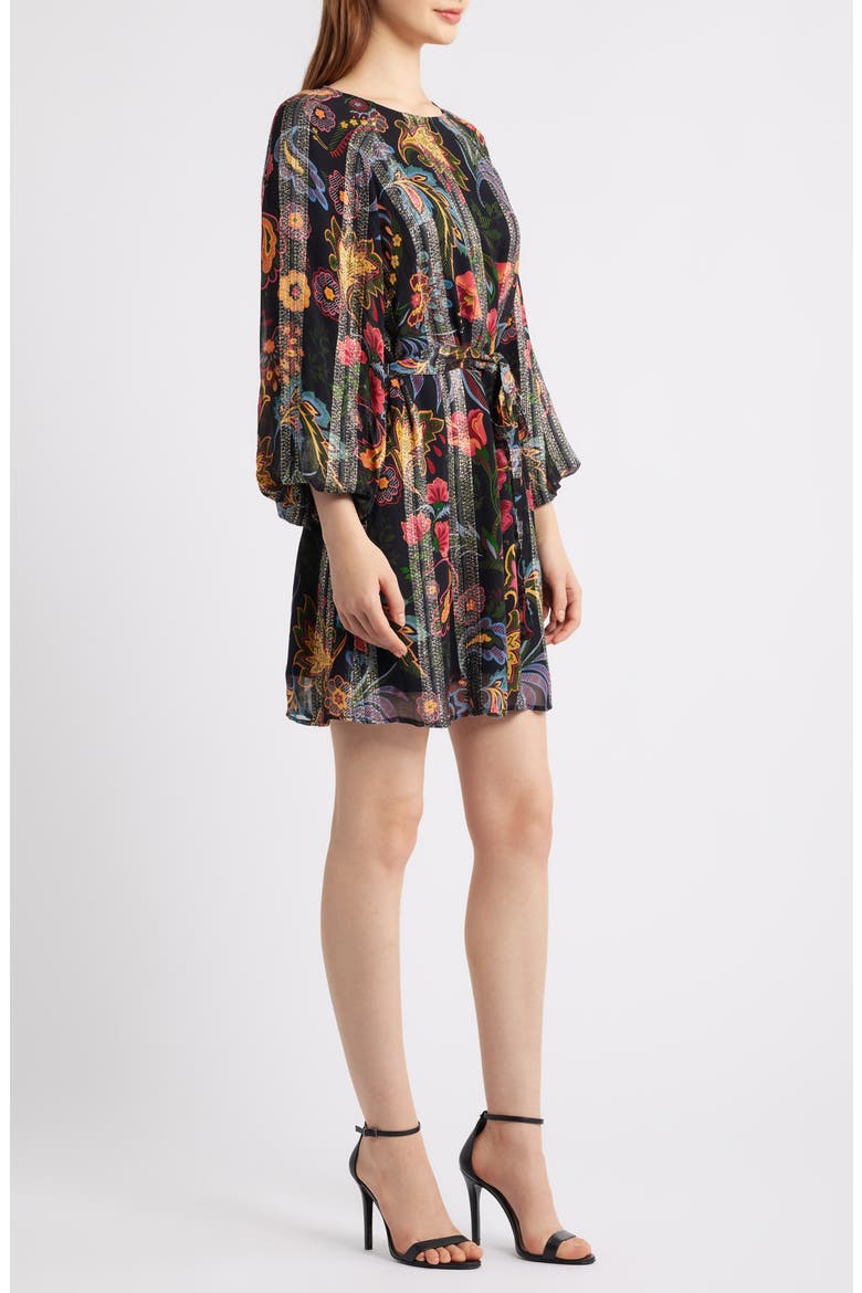 Odette Floral Metallic Long Sleeve Belted Dress, Alternate, color, BLACK