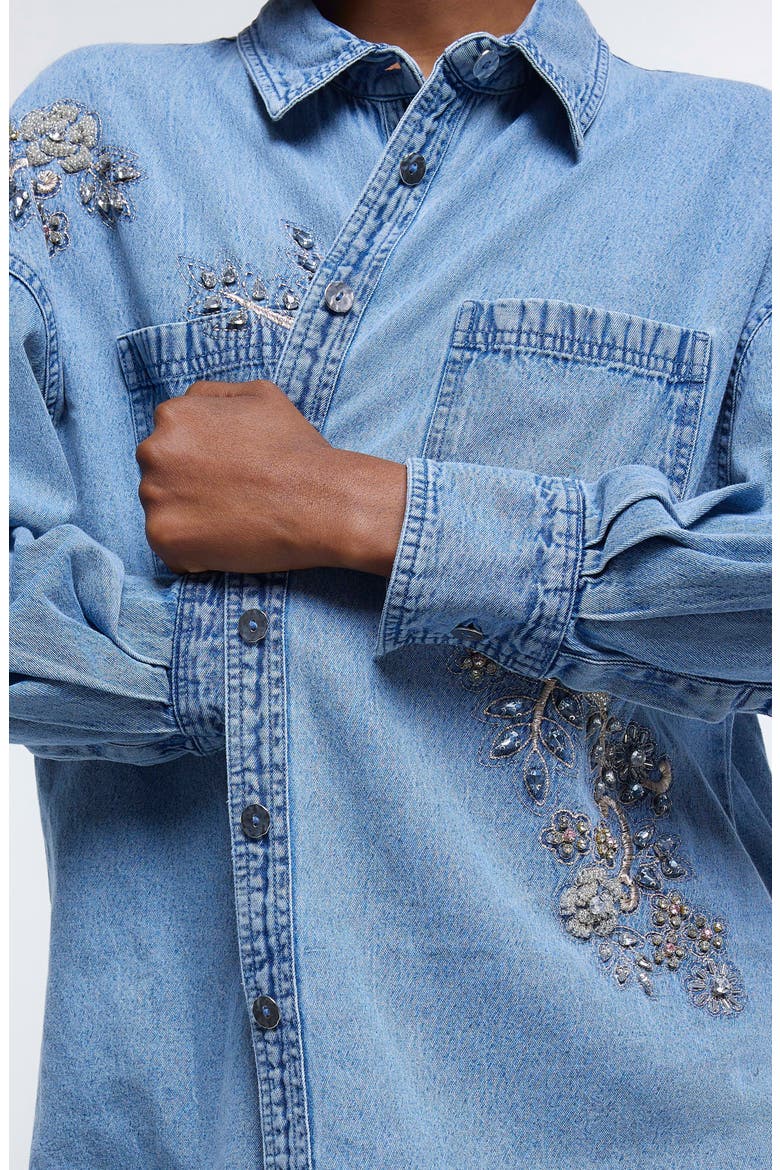 Embellished Denim Button-Up Shirt, Alternate, color, BLUE