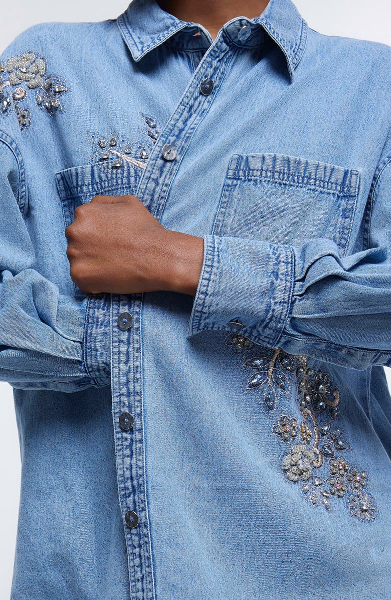 River Island Embellished Denim Button-Up Shirt, Alternate, color, 