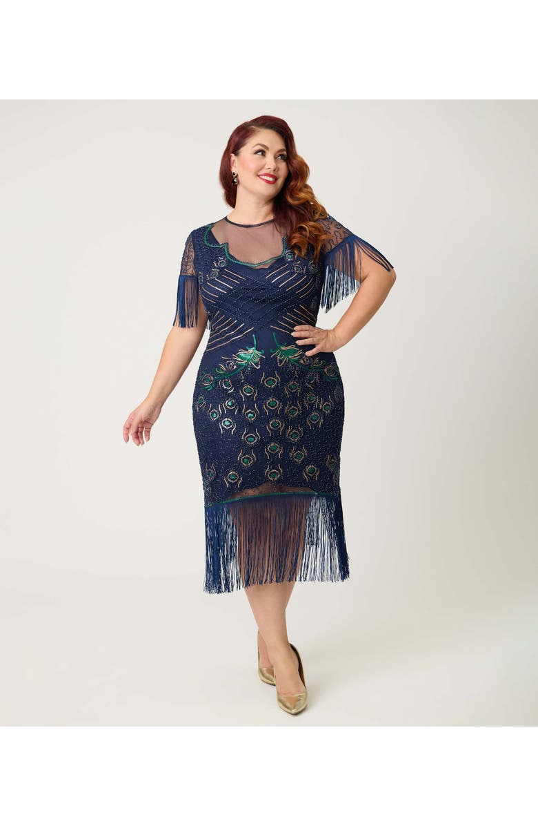Unique Vintage Plus Size Beaded Nadine Fringe Flapper Dress, Main, color, Blue & Green Peacock Beaded