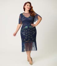 Unique Vintage Plus Size Beaded Nadine Fringe Flapper Dress