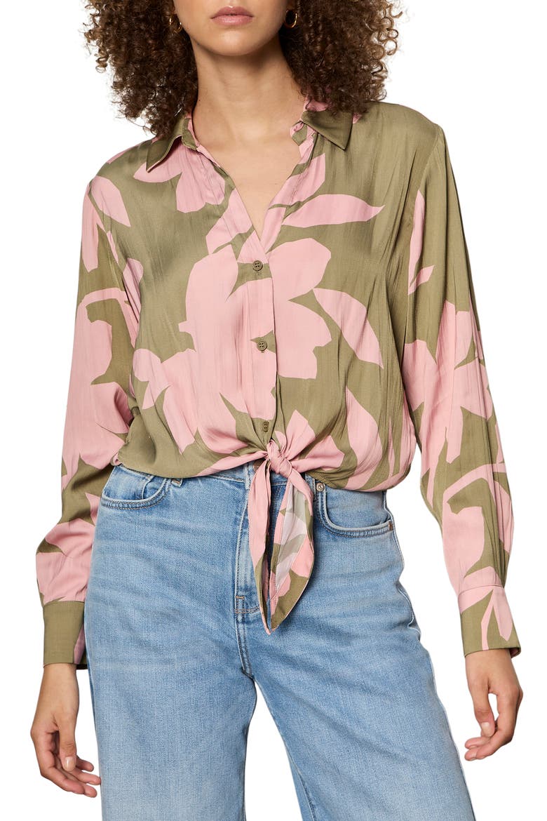 Lover Print Tie Hem Crop Sateen Shirt, Main, color, PINK SILHO