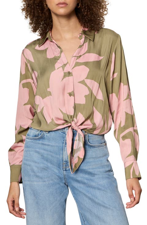 Lover Print Tie Hem Crop Sateen Shirt