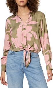 Sanctuary Lover Print Tie Hem Crop Sateen Shirt