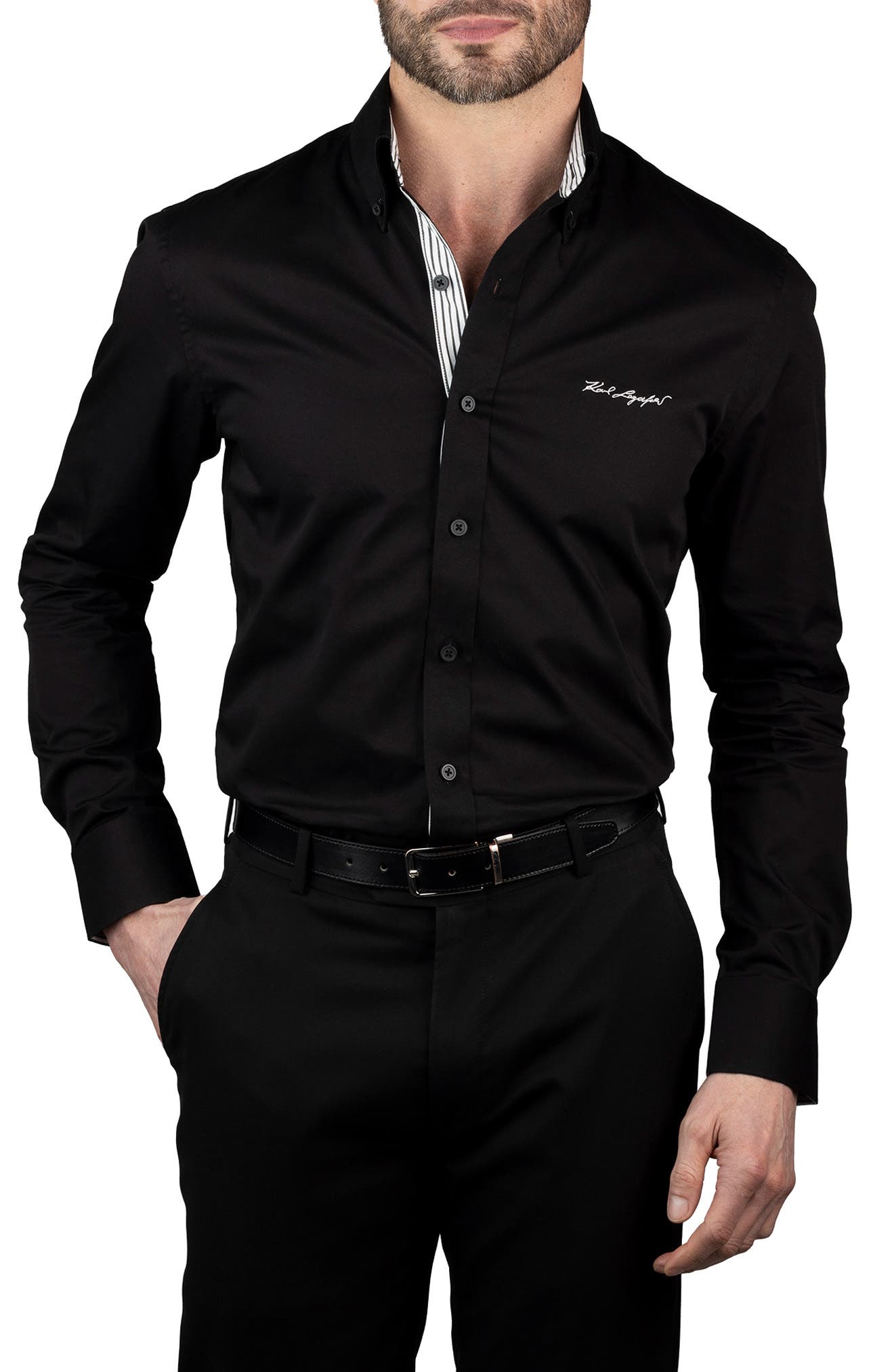 KARL LAGERFELD Trim Fit Log Embroidered Cotton Dress Shirt