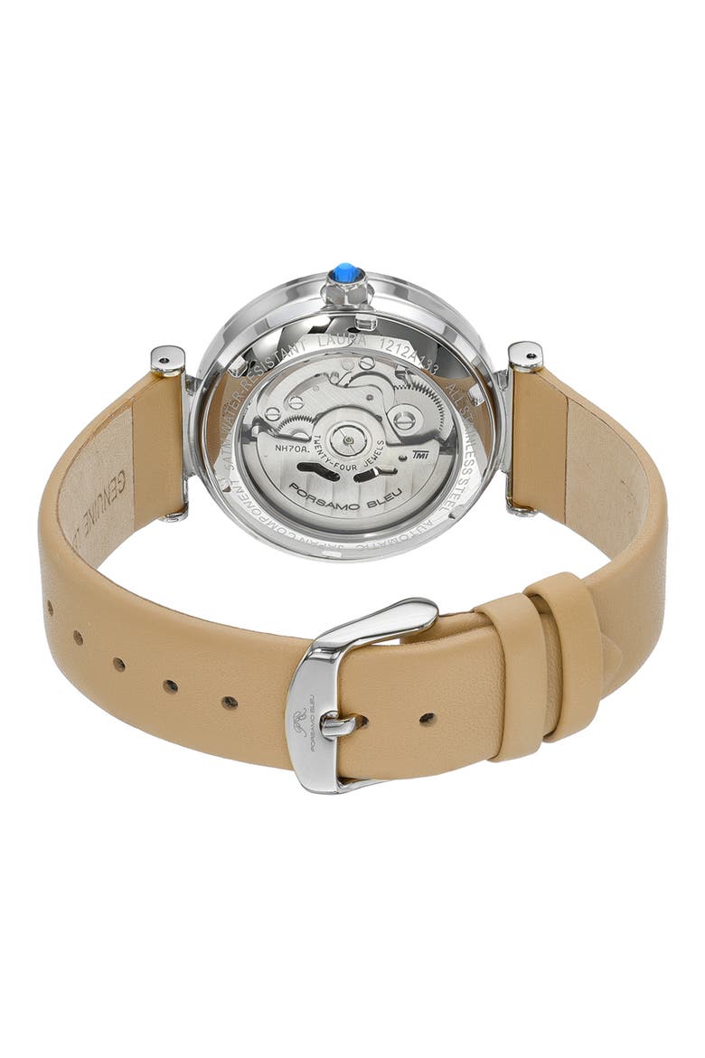 Laura White Topaz Automatic Leather Strap Watch, 36mm, Alternate, color, BEIGE SILVER
