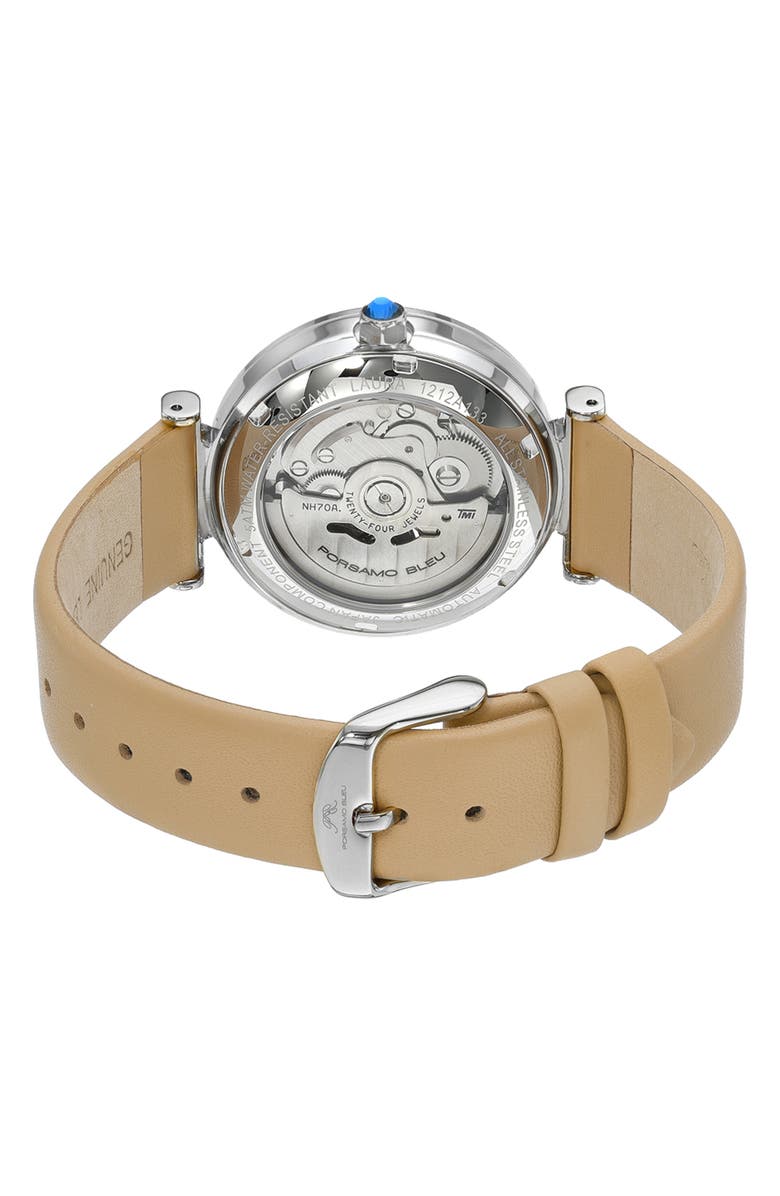 PORSAMO BLEU Laura White Topaz Automatic Leather Strap Watch, 36mm, Alternate, color, Beige Silver