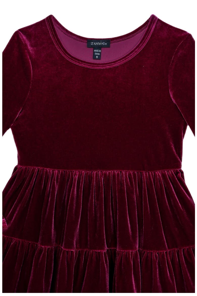 Kids' Long Sleeve Velvet Tiered Dress, Alternate, color, BURGUNDY