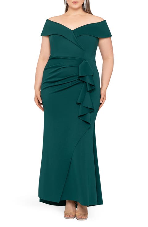 Off the Shoulder Ruffle Scuba Knit Gown (Plus Size)